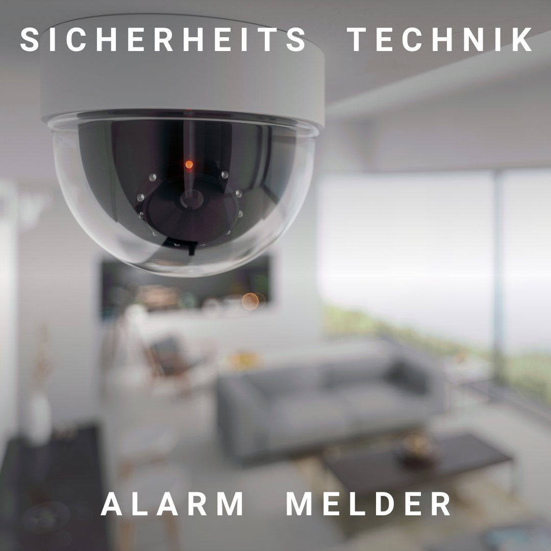 Überwachungskamera an der Decke, Text: Sicherheitstechnik und Alarm Melder Kollektion