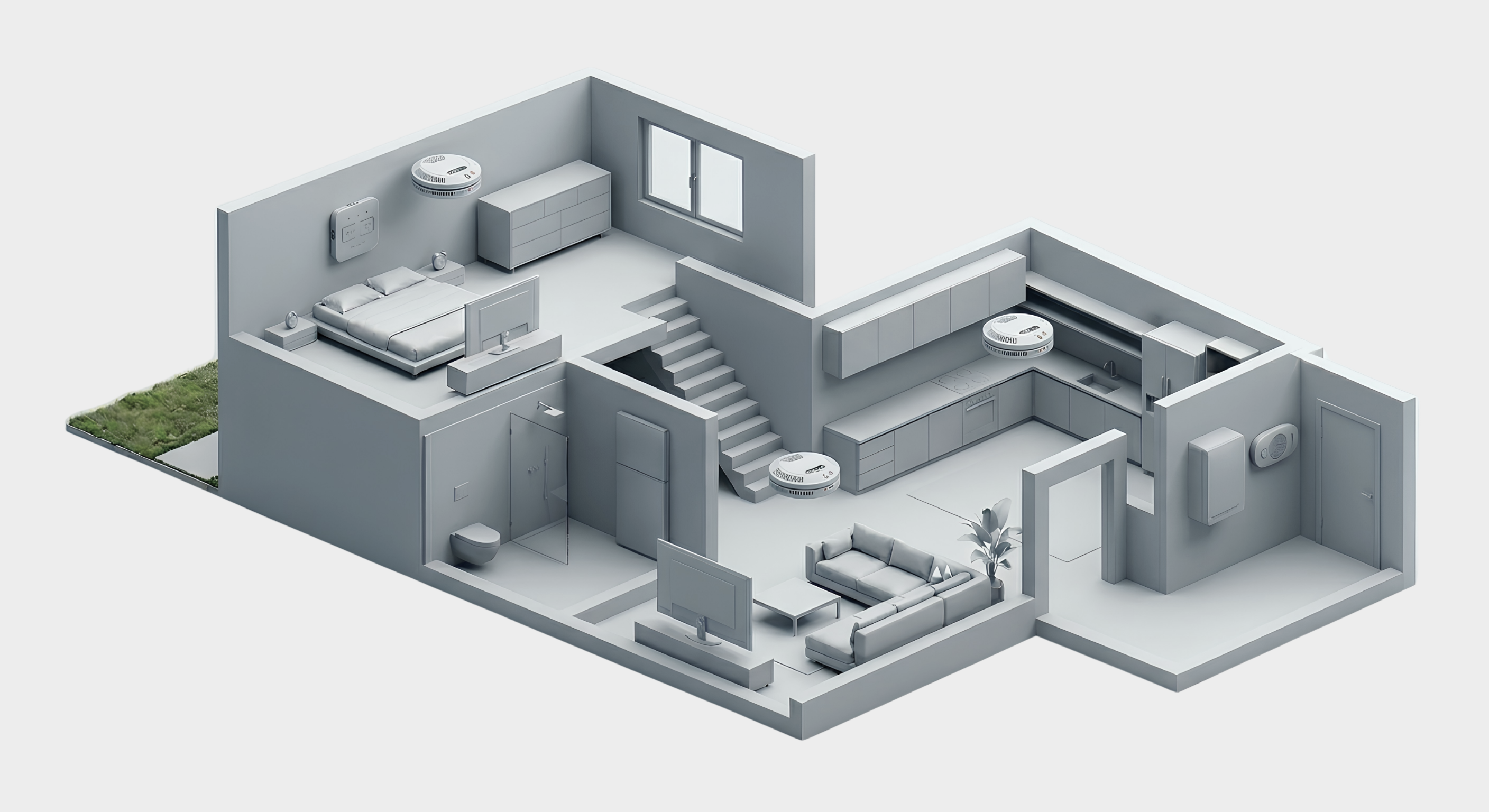 3D-Grundriss eines Einfamilienhauses mit eingezeichneten Rauchmeldern in Schlafzimmer, Flur und Küche zur Veranschaulichung der empfohlenen Montageorte.