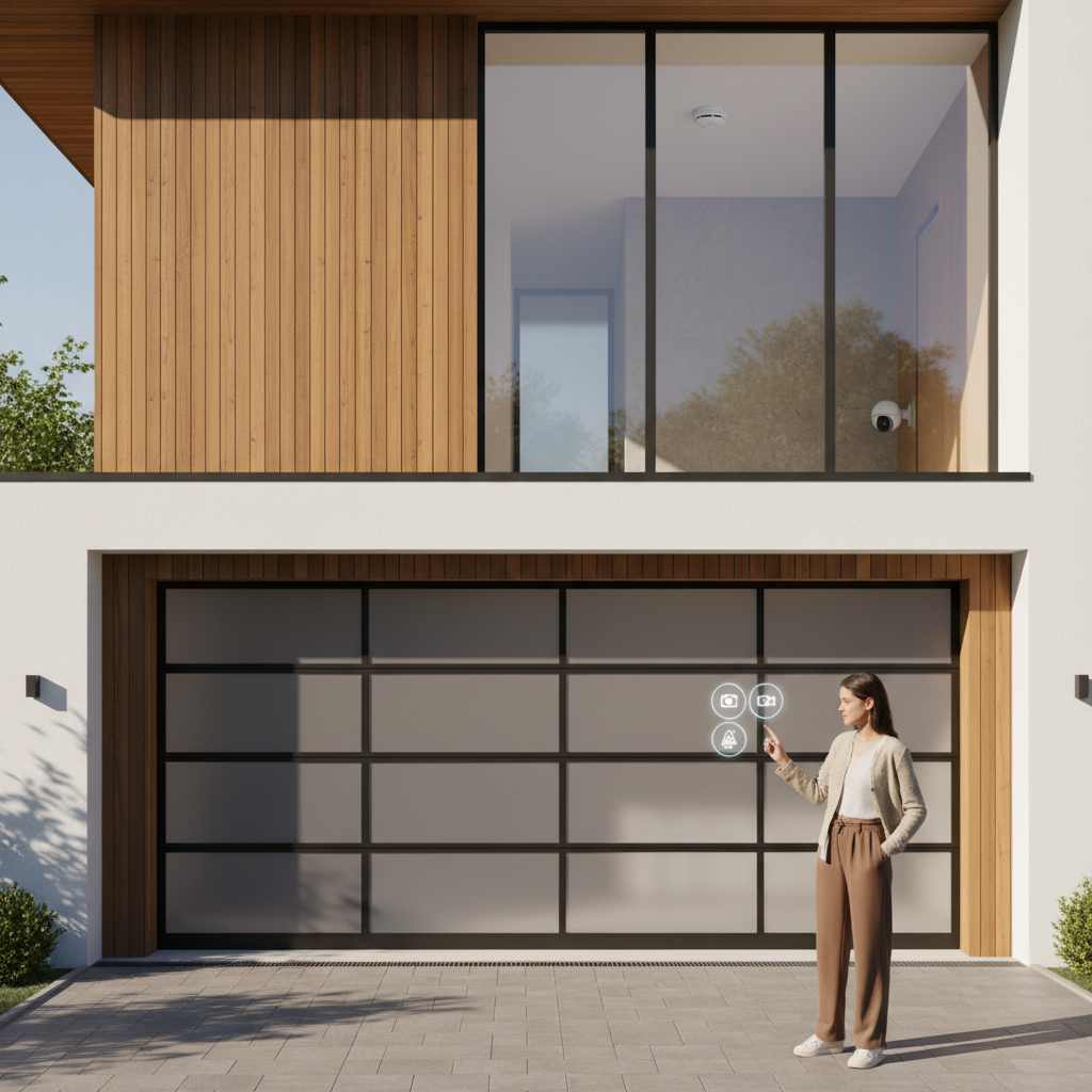 Modernes Einfamilienhaus mit automatischem Garagentor und sichtbarer Sicherheitskamera, Steuerung per Smart Home App im Außenbereich