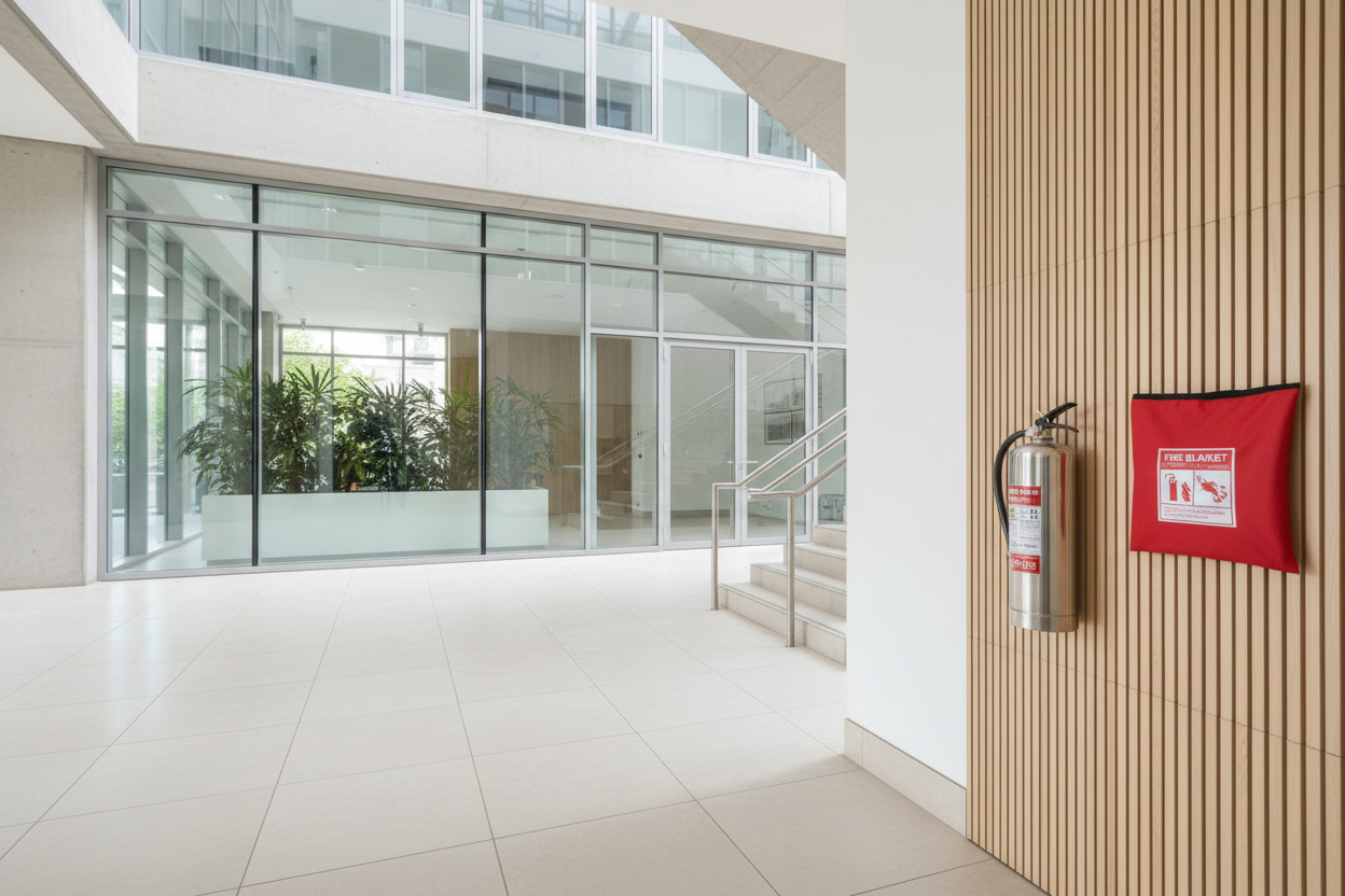 Modernes helles Wohn oder Gewerbegebäude mit Feuerlöscher und Löschdecke an der Wand als sichtbare Brandschutz Ausstattung