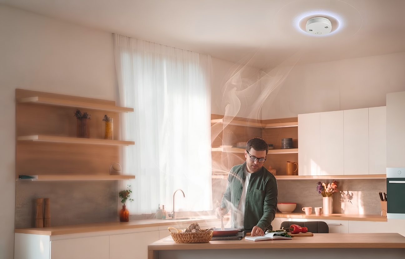 Moderner Rauchmelder an der Küchendecke erkennt aufsteigenden Rauch beim Kochen und sorgt für frühzeitige Brandwarnung im Wohnbereich.