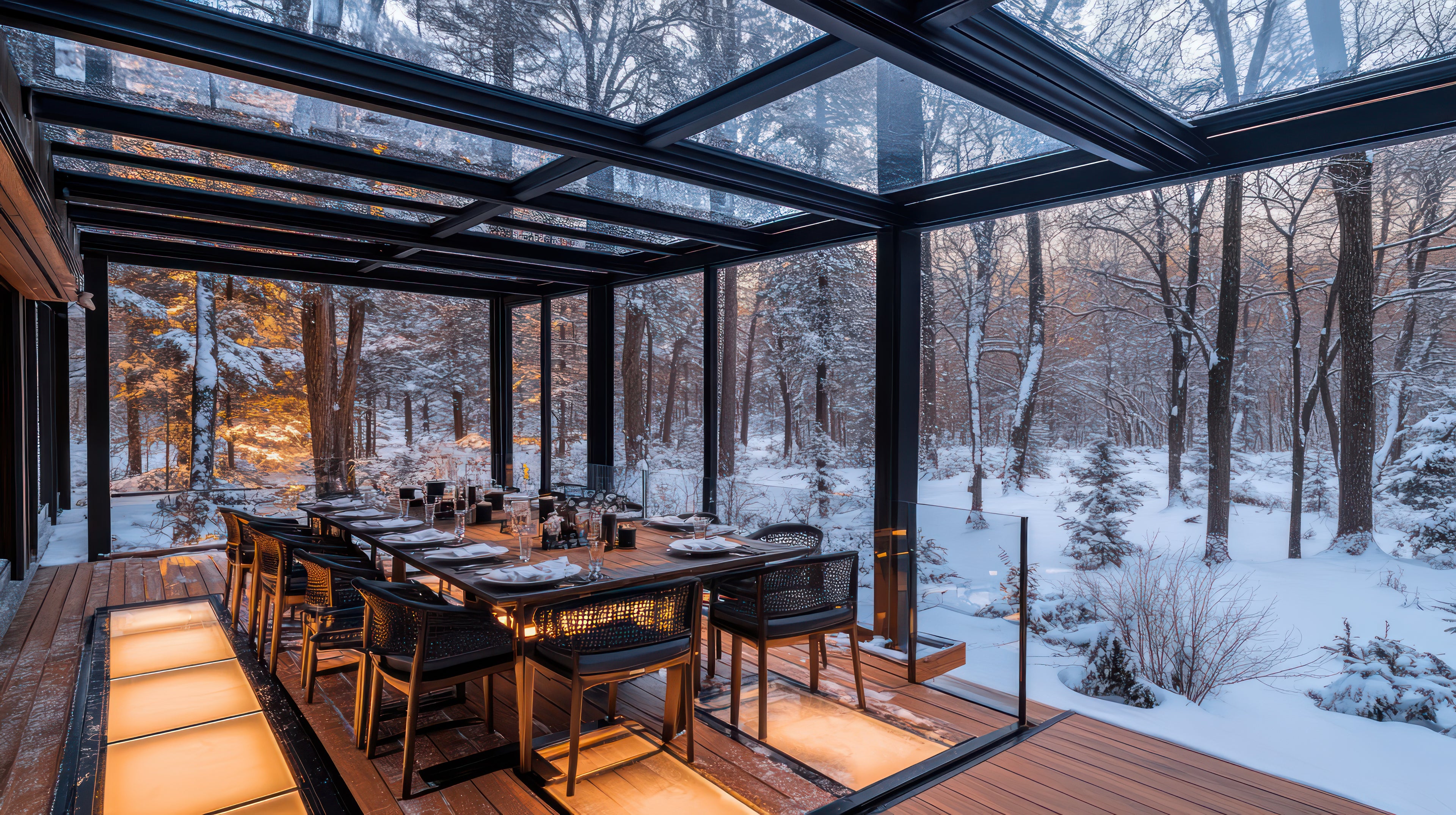 Wintergarten mit Glaswänden und Glasdach, stilvoll eingerichteter Essbereich mit Blick auf einen verschneiten Wald im Winter